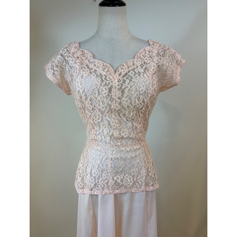 Vtg 50s Lace Top Scarf Slip Set S Pink 3pc Ensemble Romantic Formal cocktail - Picture 2 of 14
